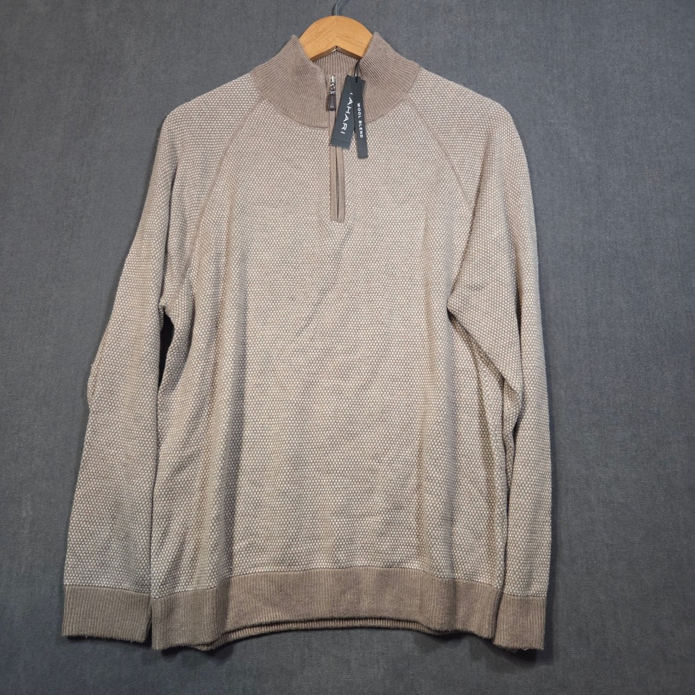 Tahari Quarter Zip Sweater Mens Medium Tan Wool Blend Birdseye H406413M